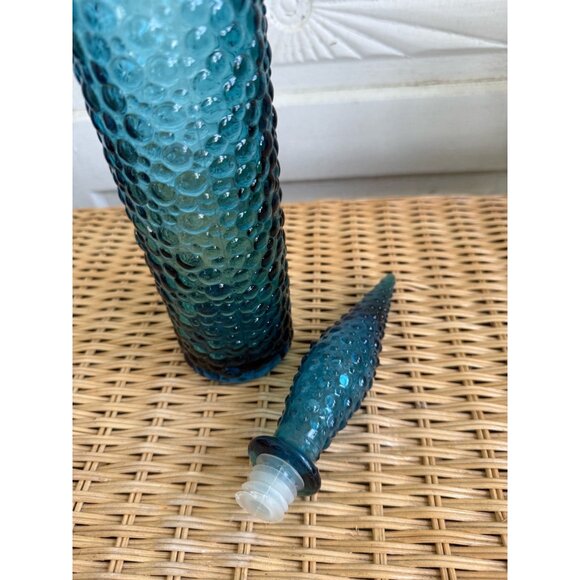 Vintage MCM Empoli Italy Glass Bottle Decanter Turquoise Blue Hobnail Bubble 22" - Picture 12 of 16